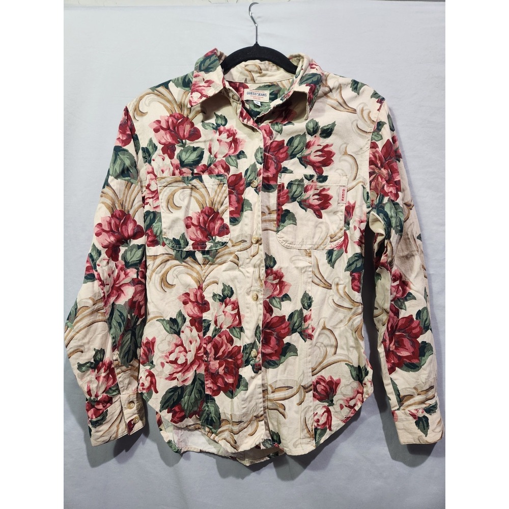 Guess Jeans Button Downโ Shirt Womens Small Cream Floral Rose Vintage Romantic